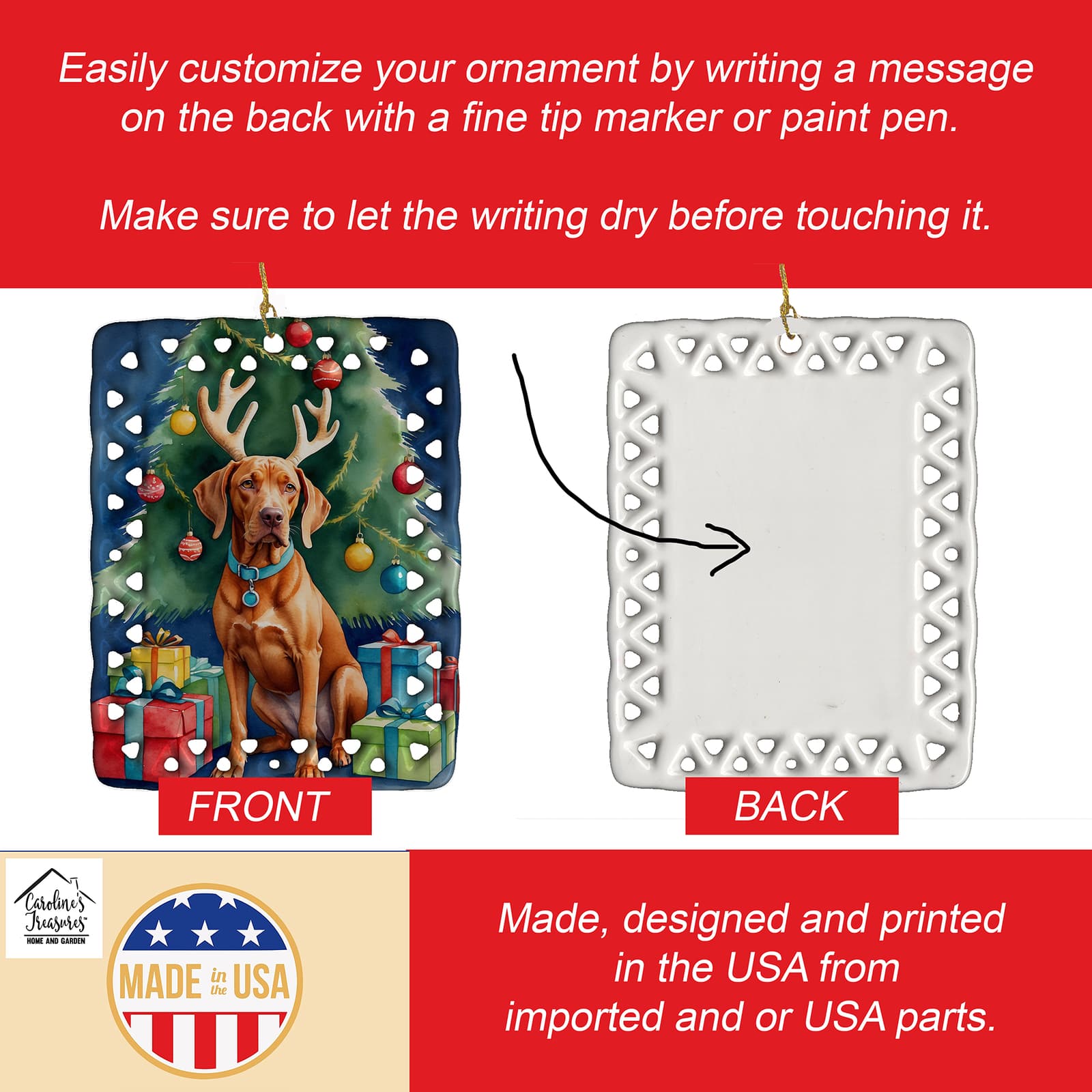 Caroline's Treasures Vizsla Christmas Reindeer Porcelain Ornament DAC7875CO2 3