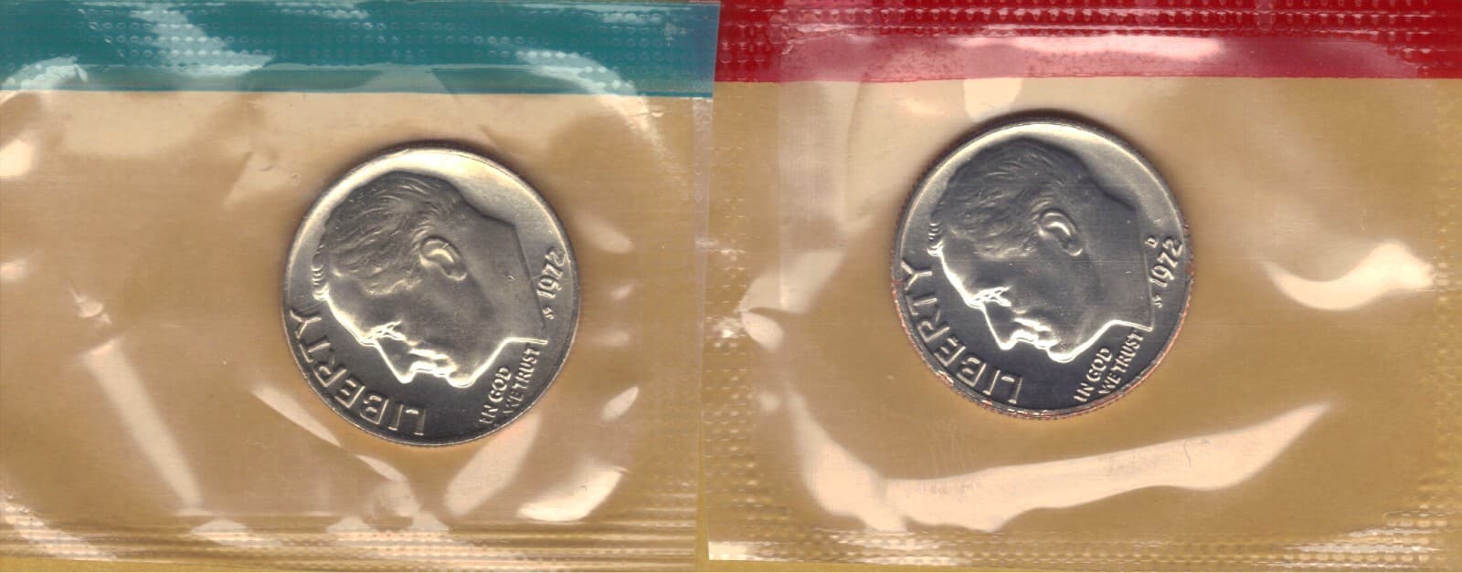 1972-P & D UNCIRCULATED BU ROOSEVELT DIMES IN MINT SET CELLO (2 coins)