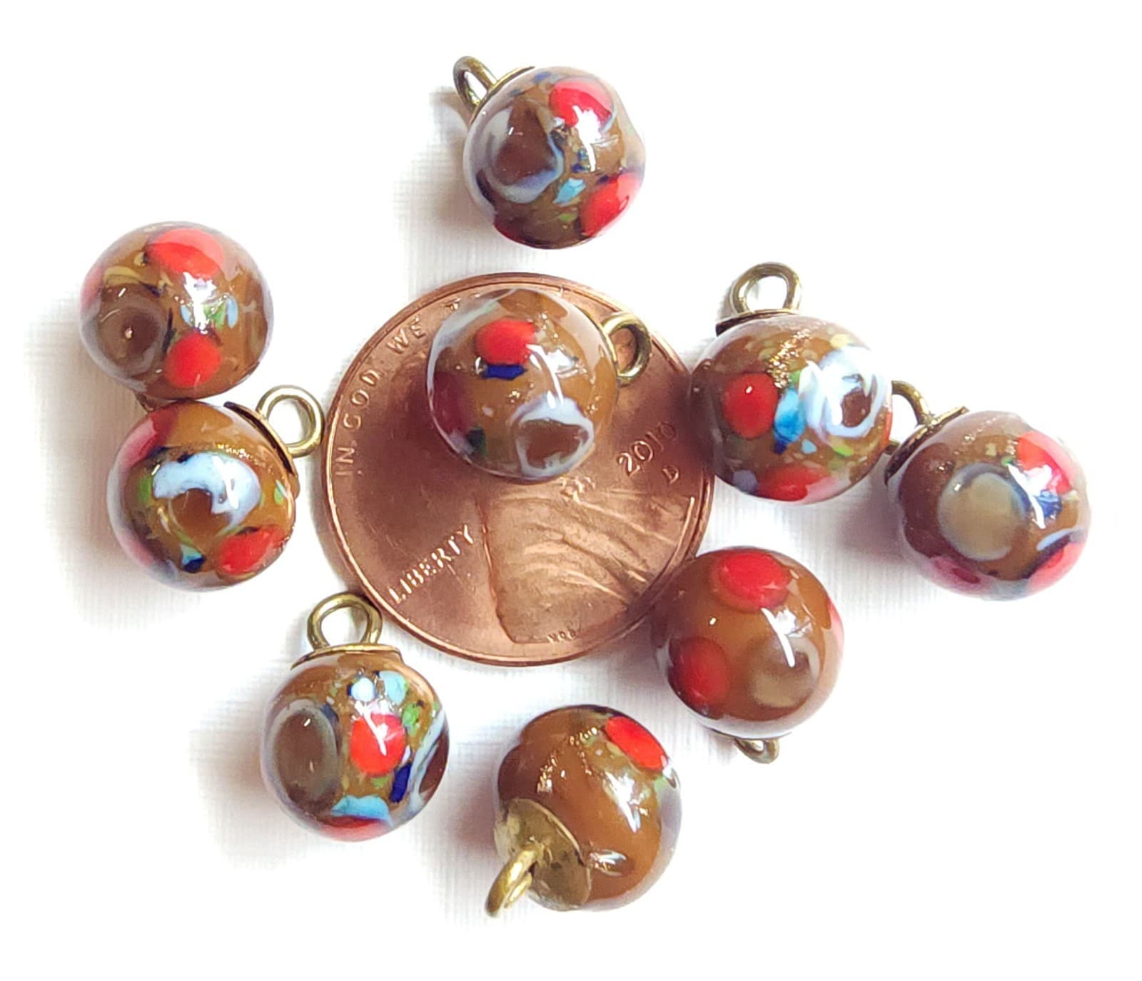 9 Antique Diminutive Brown Glass Ball Buttons w/ Colorful Inlays ~ under 3/8" 5