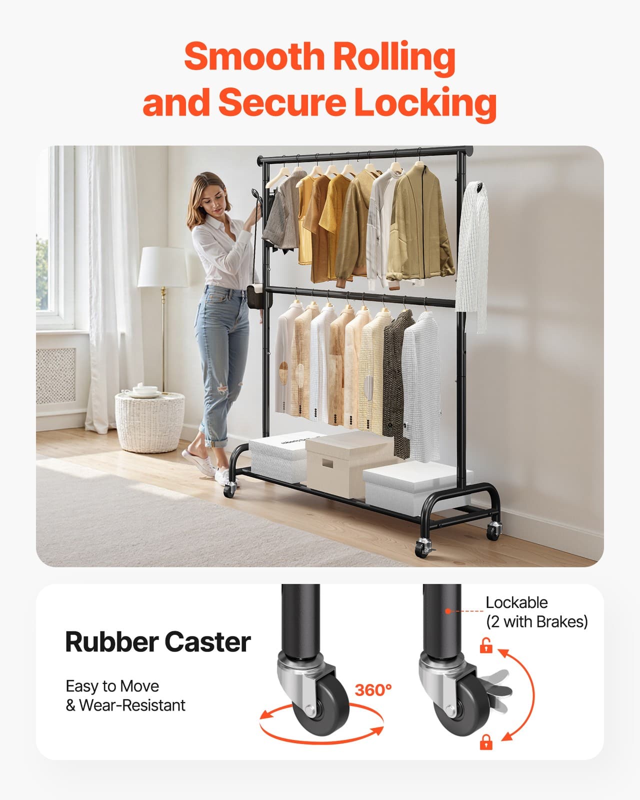 Uimoso Rolling Clothes Garment Rack with Wheels Adjustable Crossbar Side Hooks 6