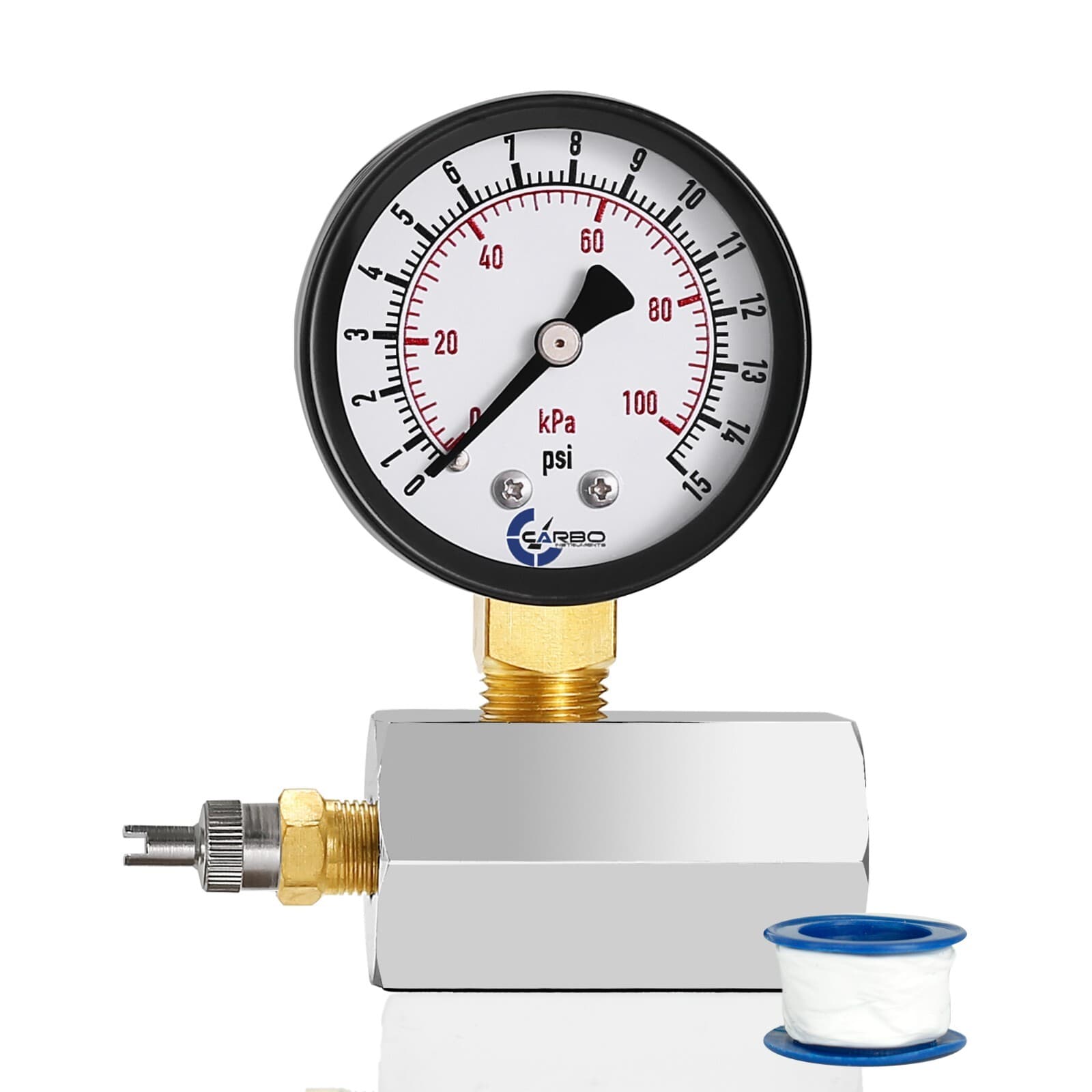 Gas Test Pressure Gauge 15 Pound, 15 PSI / 100 kPa 3/4” FNPT Connection Assembly