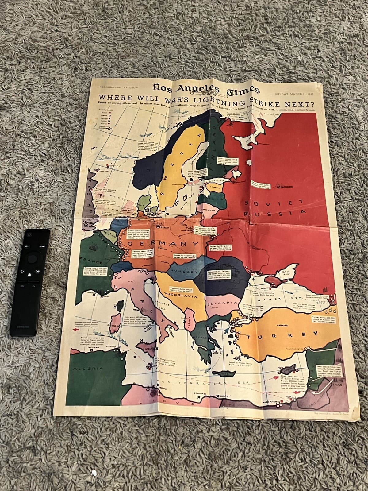 RARE WWII 1940 LOS ANGELES TIMES FULL-COLOR FRONT PAGE EUROPE MAP GERMANY ATTACK 2