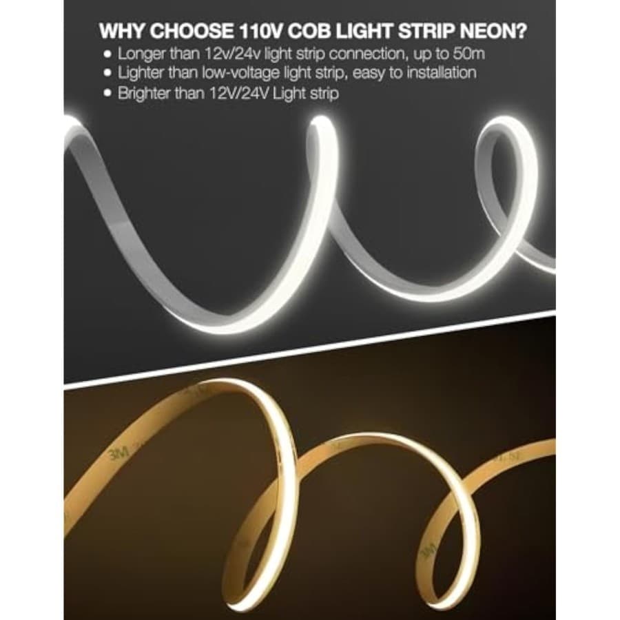 COB LED Strip Lights 110V - 40m/131ft Waterproof Silicone Rope Light w 5