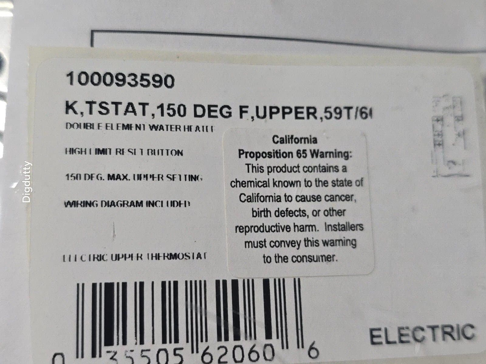 AMERICAN WATER HEATER 100093590 Electric Upper Thermostat 150°F, K, KSTAT 59T 4