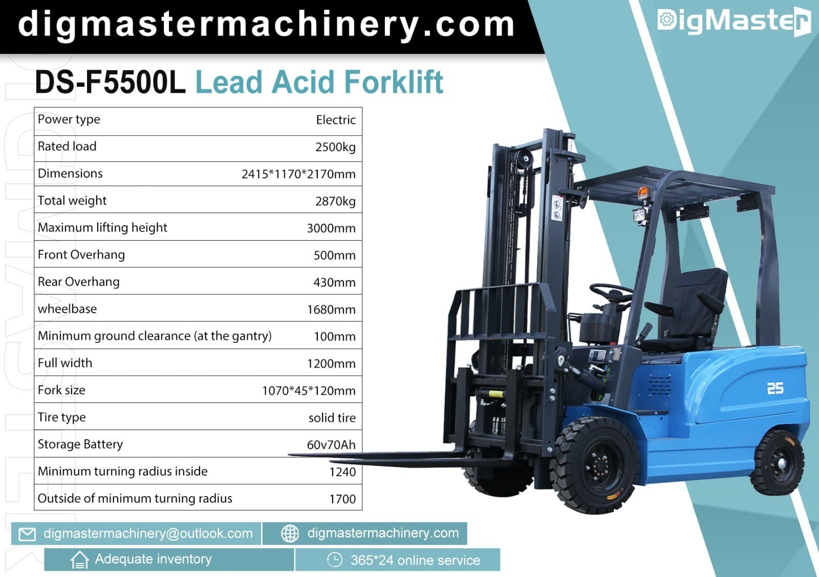 2.5 ton 5500 lb electric forklift with charger and lead acid battery 3