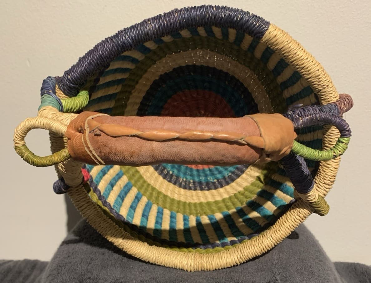 Bolga African Market Basket Hand Woven With Leather Wrapped Handle 9” x 6” x 10” 5
