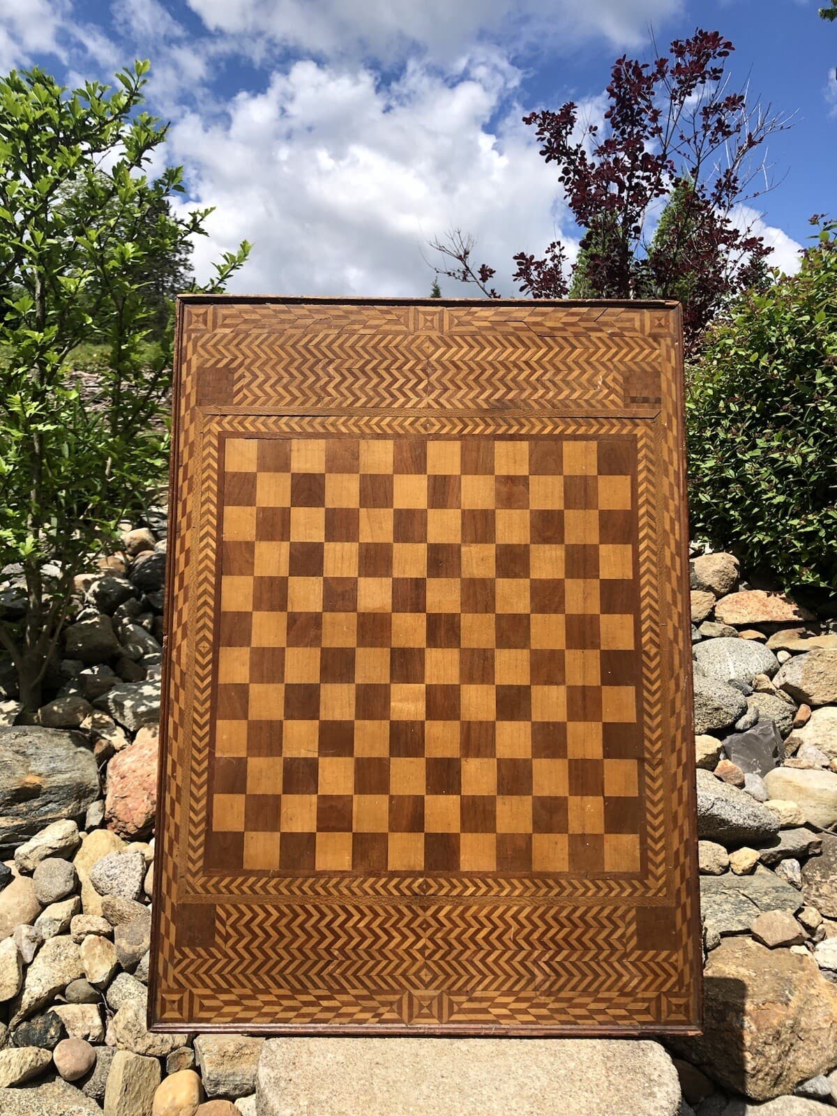 NICE! Antique Large Handmade Marquetry ALL Inlaid Wood Checker Chess Game Board 2