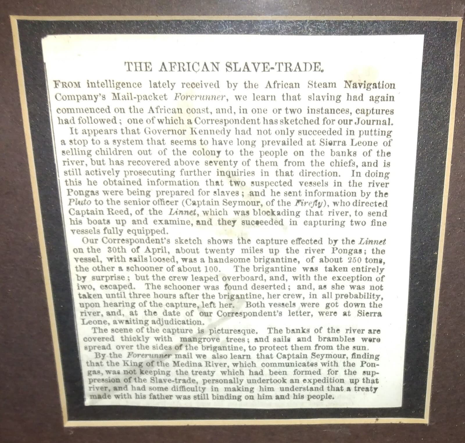 1853 Engraving ~ Capture of American Slaver By  HMS "LINNET" w/ Newspaper FRAMED 3