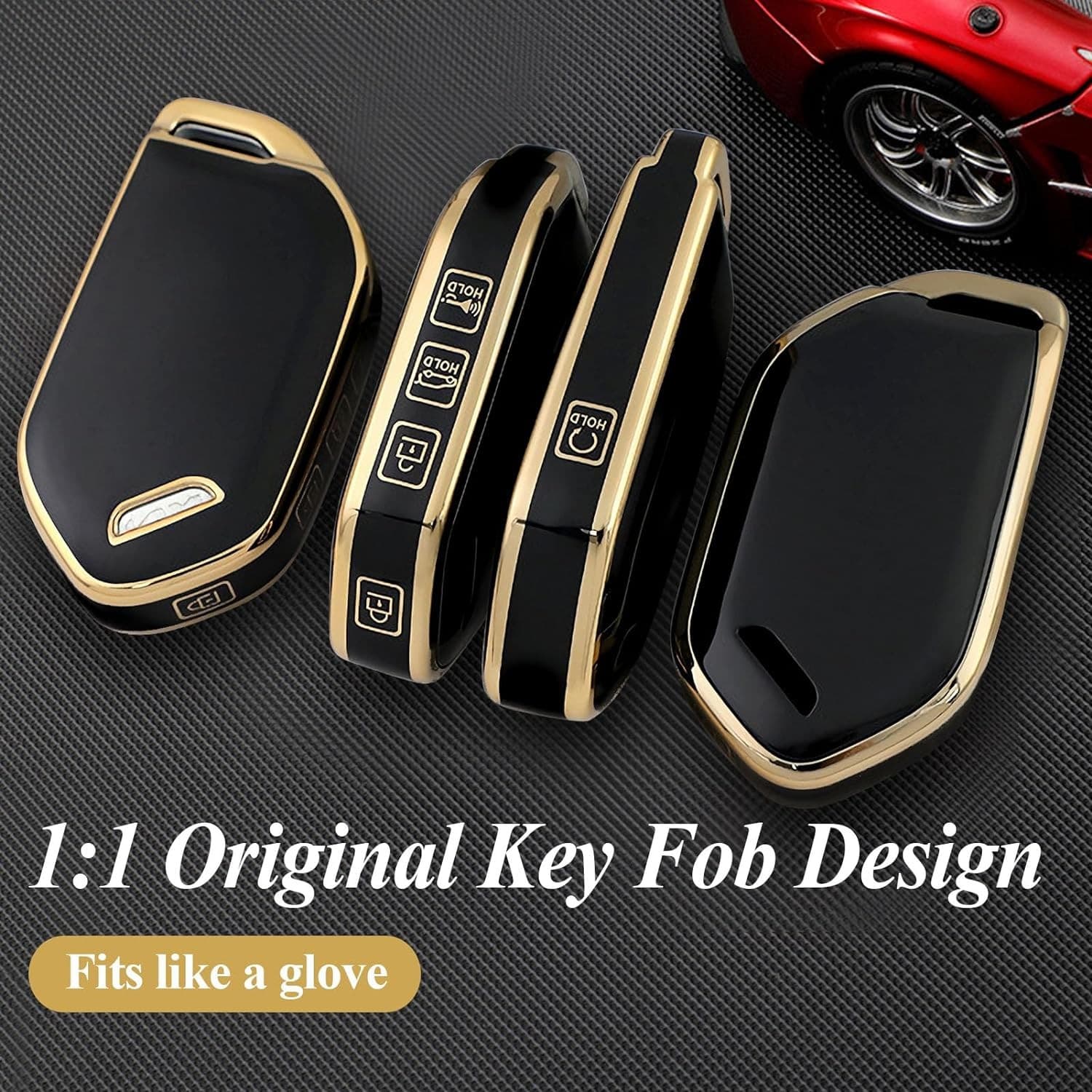Key Fob Cover with Leather Keychain, Premium TPU Key Case Shell Black-gold 3