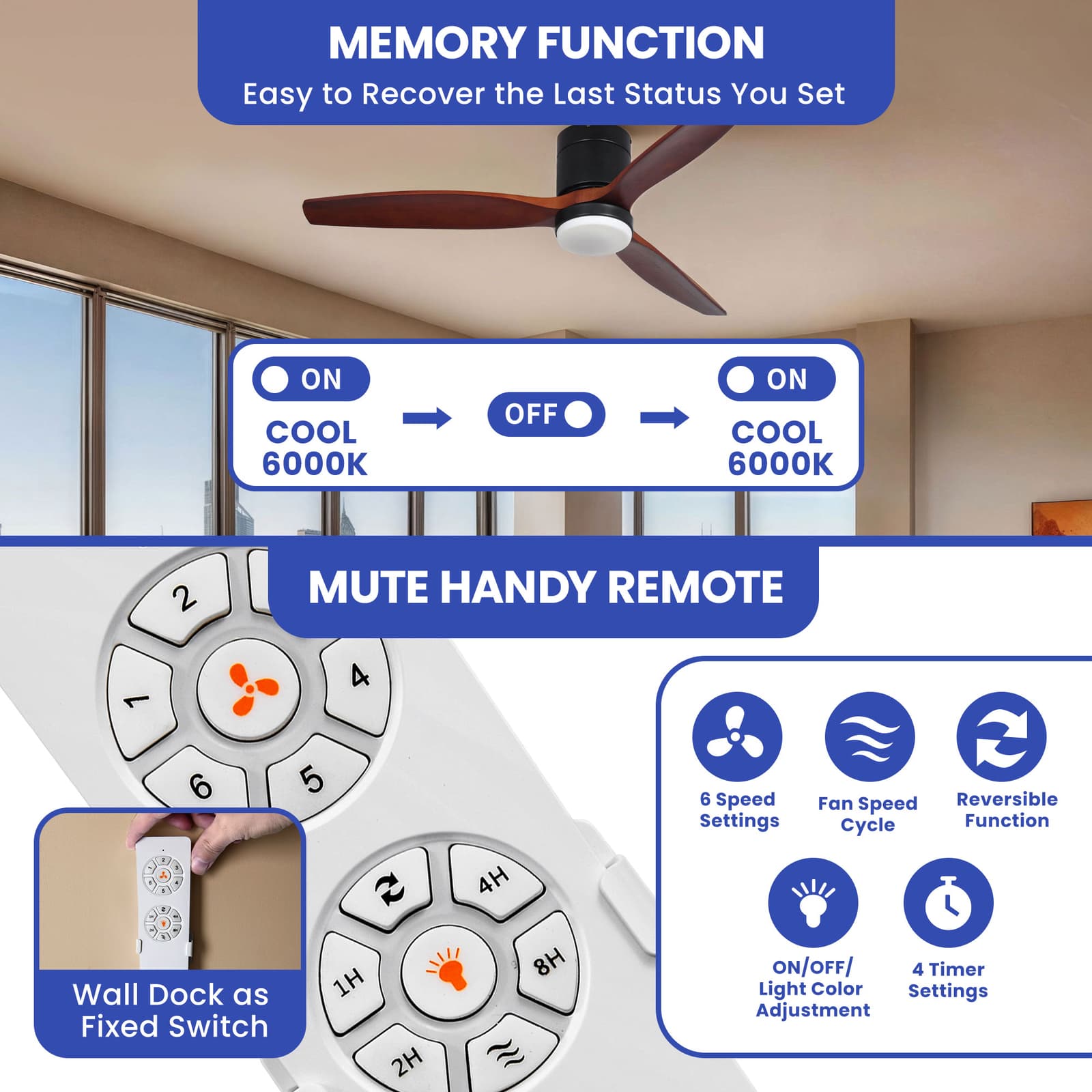 52" Industrial Ceiling Fan with Light Flush Mount Remote Control 3 Wooden Blades 4