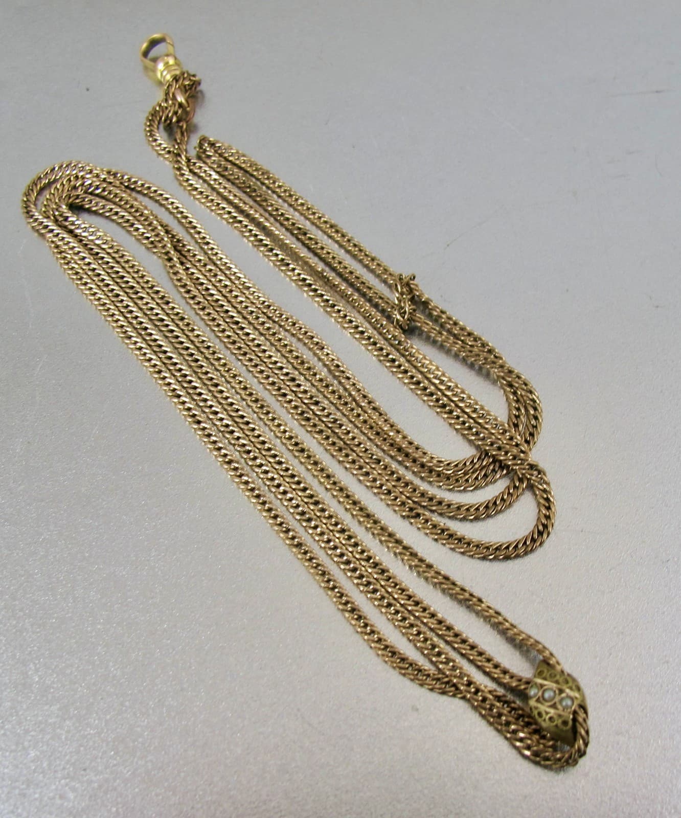 Antique Victorian Gold Filled Seed Pearl Slide Watch Chain Necklace