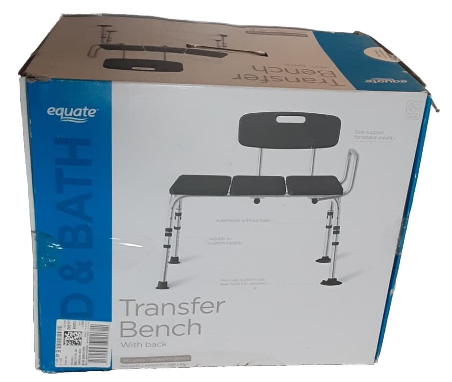 Equate Transfer Bench W/Back Rest, Shower Bench, Black, 350lb, Adjustable NIB 