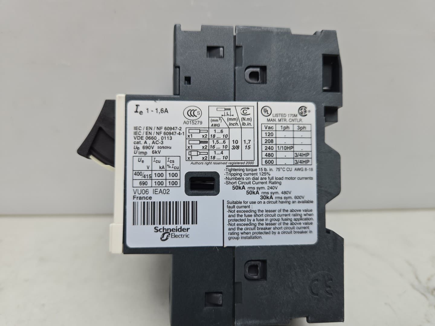 Schneider Electric GV2ME06 Motor Circuit Breaker 1-1.6A Amp Telemecanique New 2
