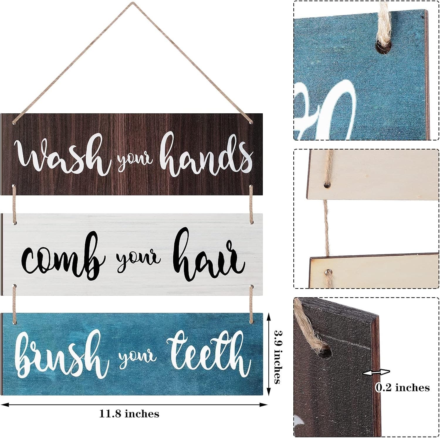 Bathroom Wall Art Rustic Wood Sign Funny Bath Rules Decor Brown White 3