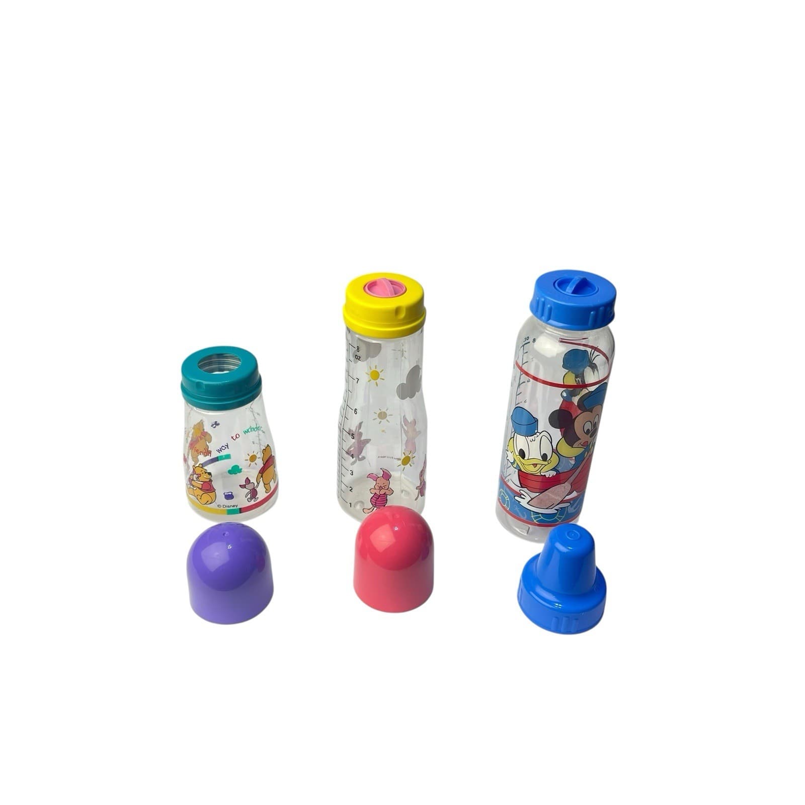 Lot of 3 Vintage Disney Winnie The Pooh Mickey Plastic Baby Bottle 5oz & 8oz 2