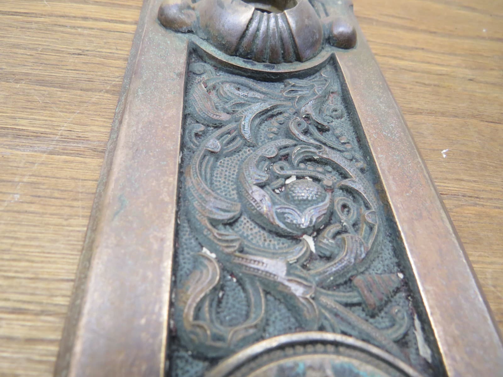 OLD GOTHIC LOOKING FIGUREINE DOOR PLATE,BACKPLATE,EASTLAKE ? ORNATE DETAIL. RHCO 3