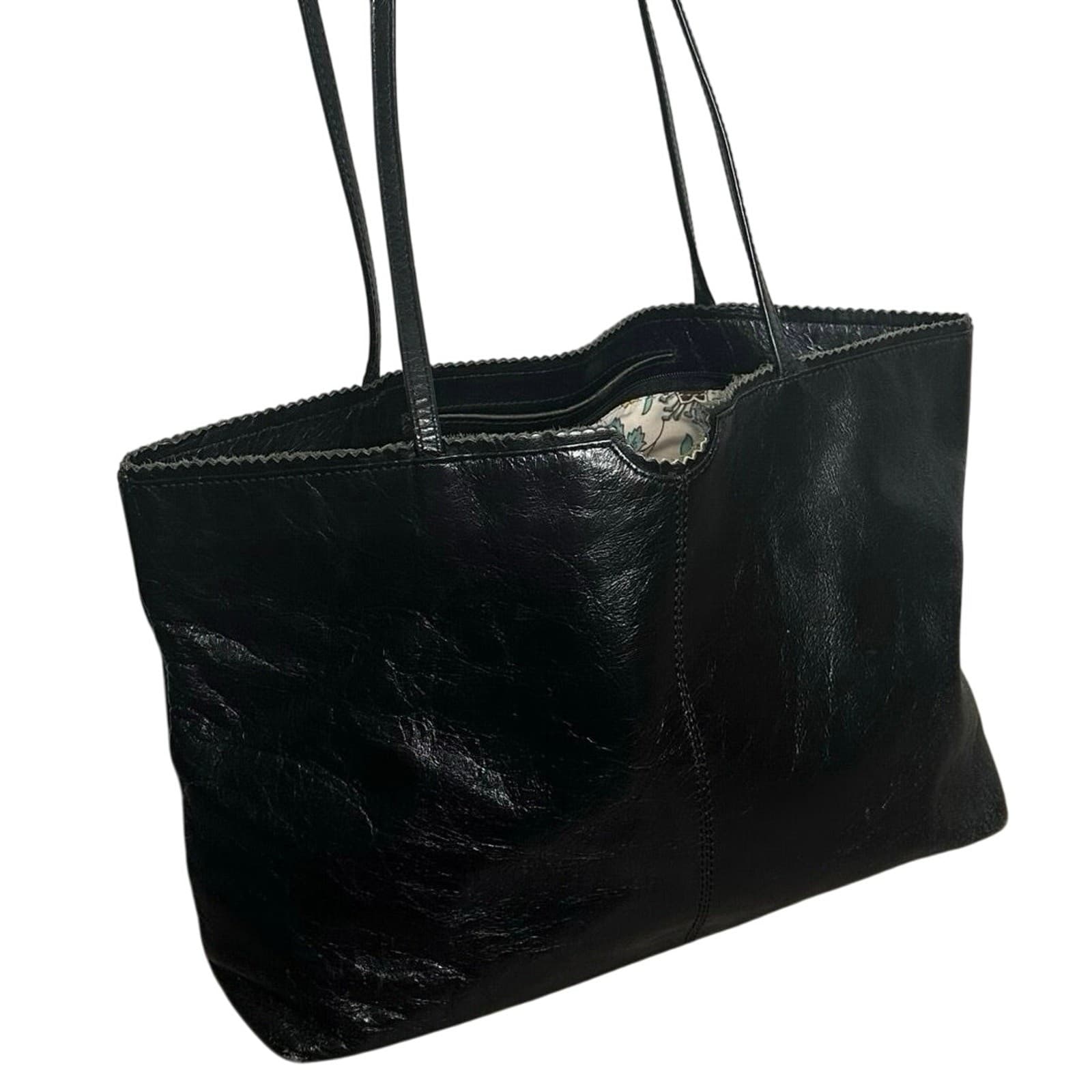 Latico NJ USA Carmen Black Genuine Leather Shoulder Tote Bag Zipper Floral Lined 2