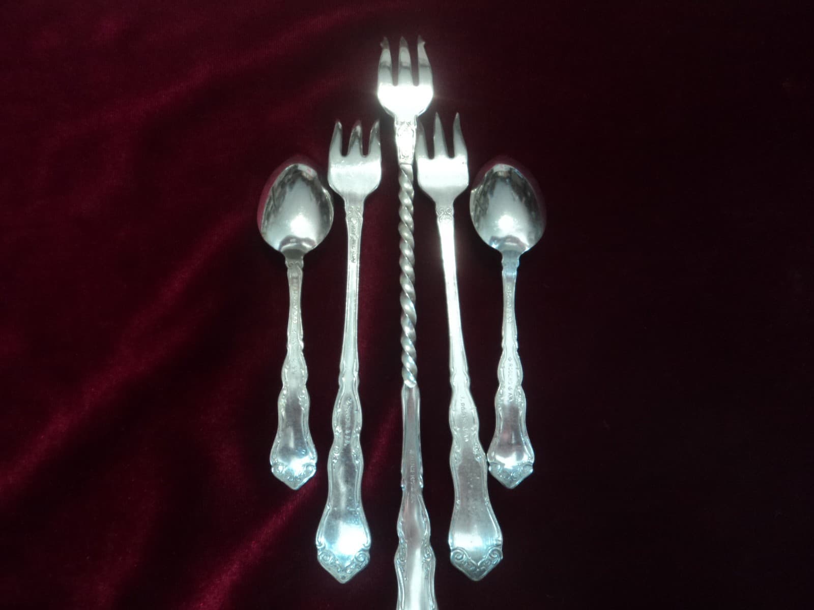 Silverplate Lot of 5 Alhambra Appetizer Forks Demitasse Spoons  1907 4