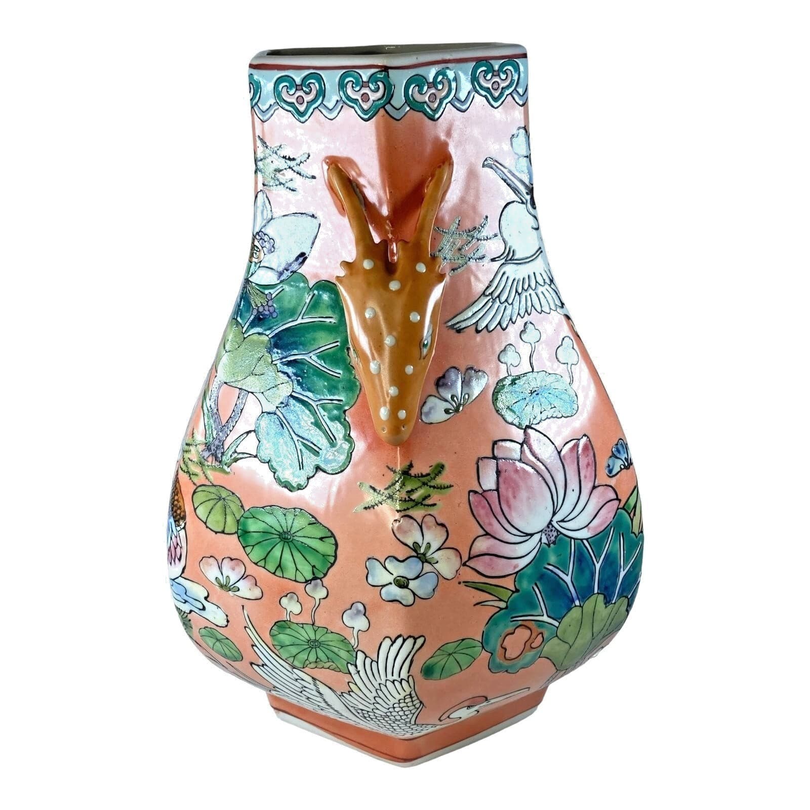 Hand Painted Vase Double Handle 12” Modern Reproduction Quianlong Style Birds 3