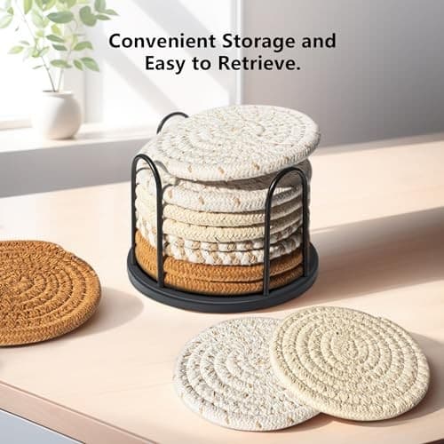 Coasters Set of 8 for Drinks, Beer, Cotton Woven 4 Colors Absorbent Coffee 6