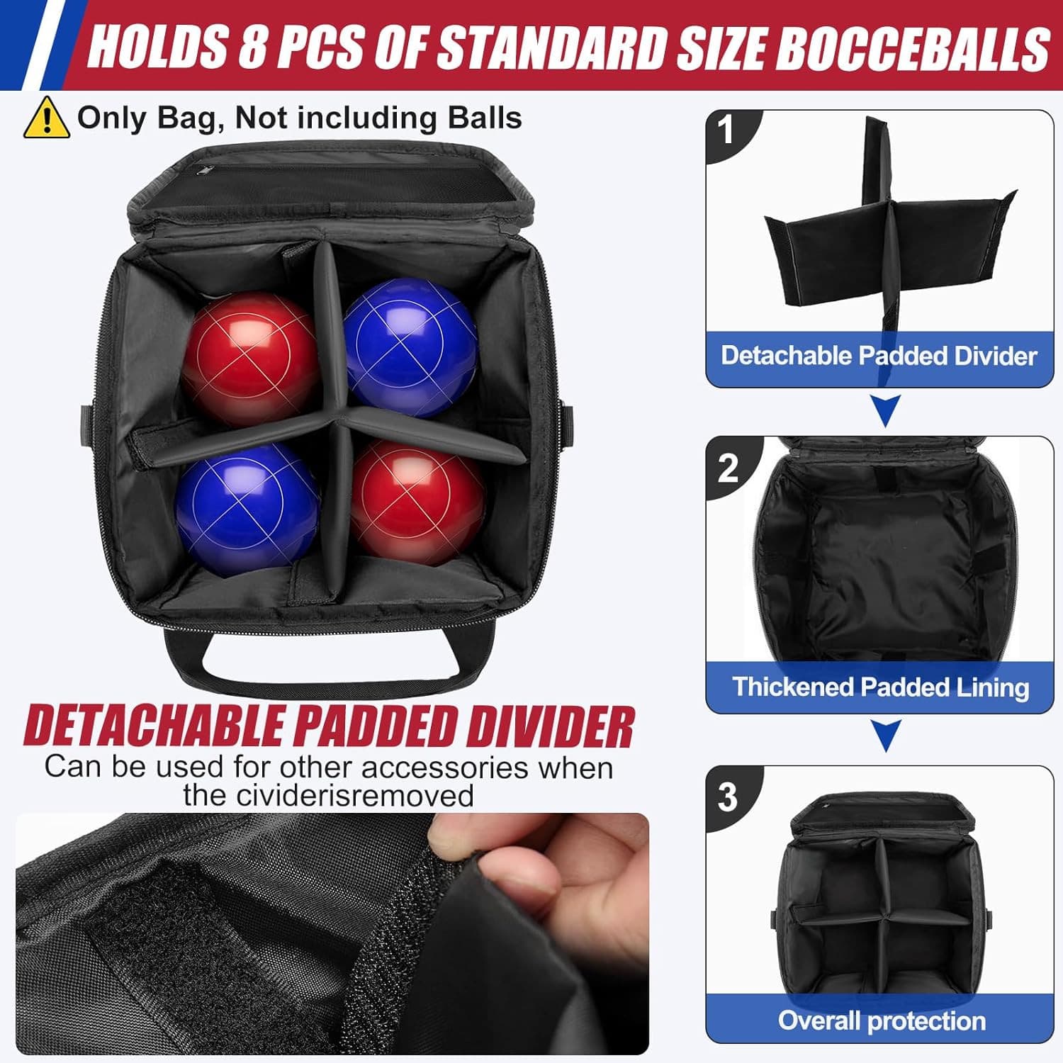 Bocce Set Carry Bag, Holds 8 Bocci Balls [With Padded Dividers/Adjustable Should 2