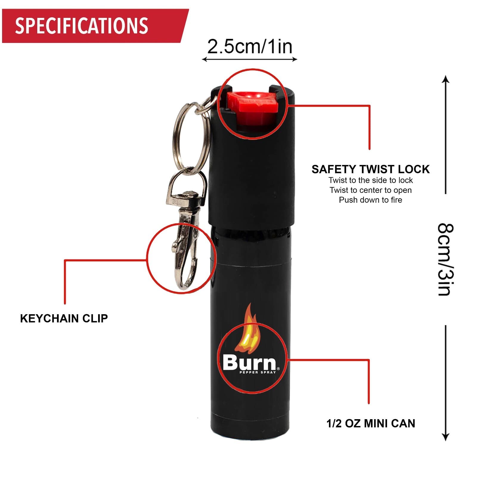 2 BURN Pepper Spray 1/2oz Keychain Keyring Unit with Safety Lock Protection 5