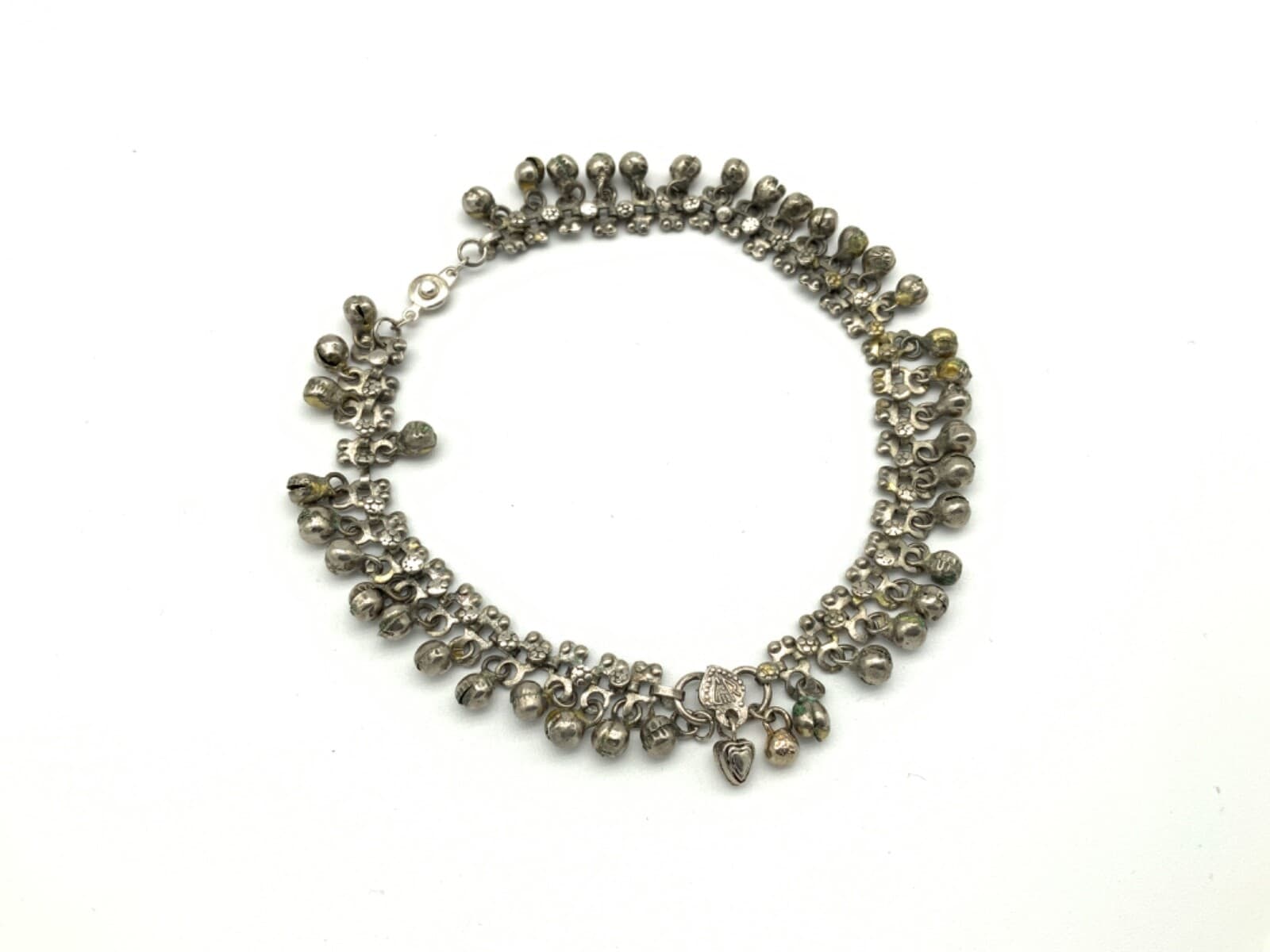 Antique Tribal Old Silver ANKLET Belly Dance Bells Authentic Hearts Signed Lock