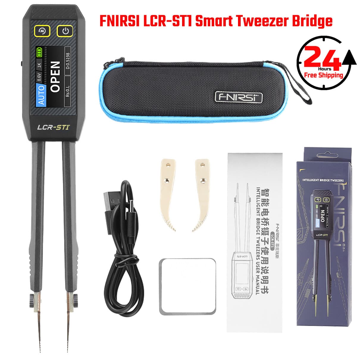FNIRSI LCR-ST1 Smart Tweezer LCR SMD ESR Tester Ohm Capacitance Diode Test US-