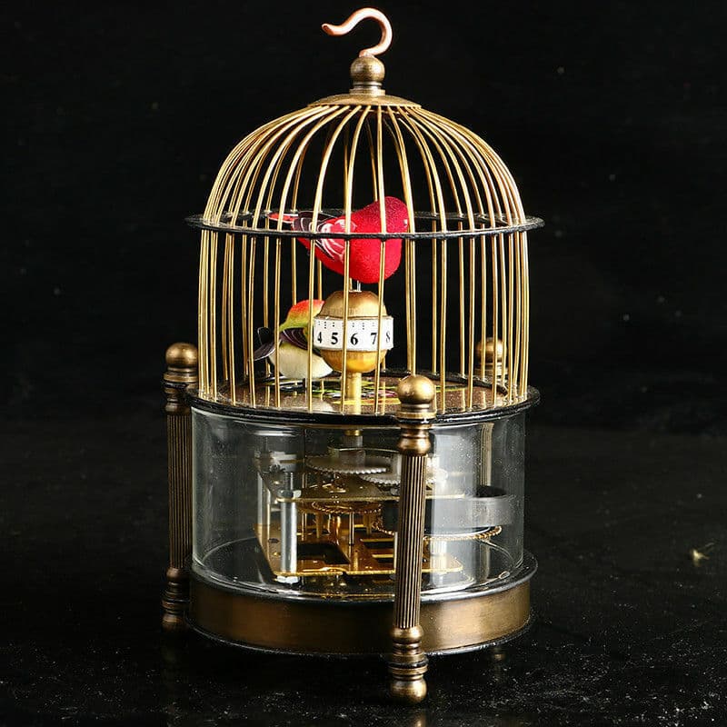 Exquisite Brass Mechanical clock -birdcage shape two bird Aroud Moving 2