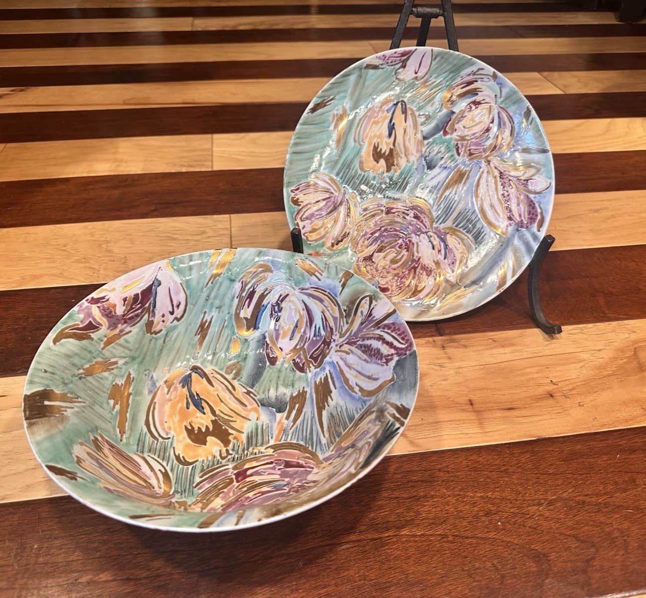 CHINA TRADER DECORATIVE IMPRESSIONISM FLORAL 10" BOWL & PLATE GOLD PINK BLUE SET 2