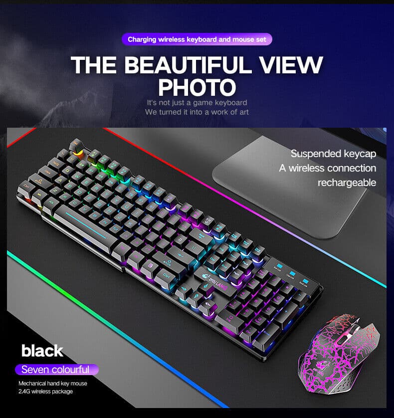 Wireless Gaming Keyboard and Mouse & Mat Combo Mechanical Feel Backlit for PC 2