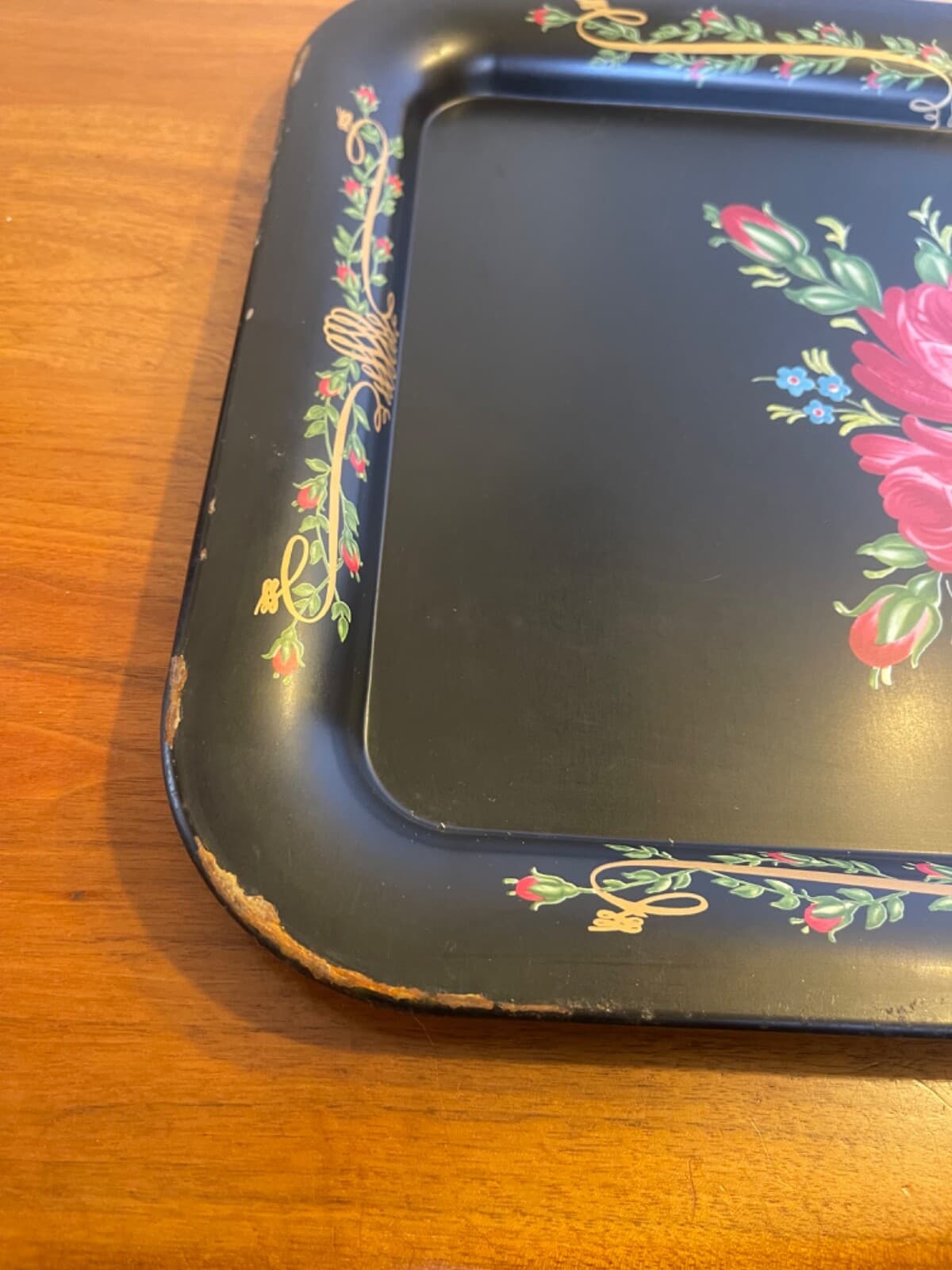Vintage Toleware 18x13" Tray Black with Red Roses MANY AVAILABLE 4