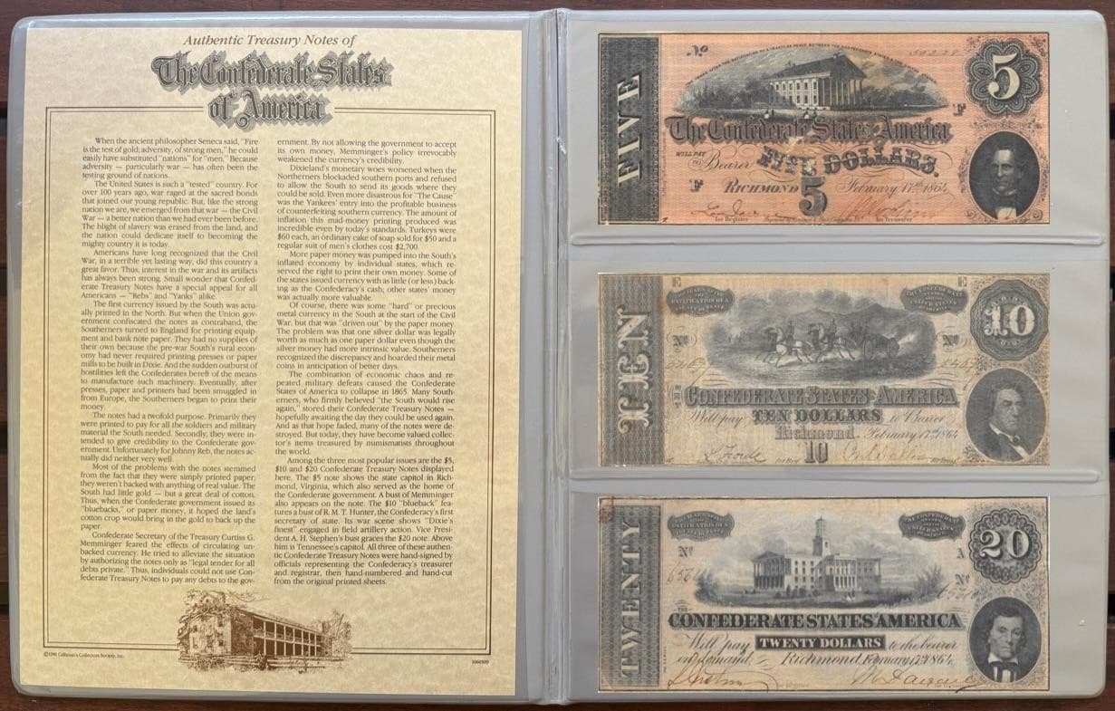 Calhoun Collector Society Confederate Money Set $5, $10,$20 Notes T-67,T-68,T-69 2