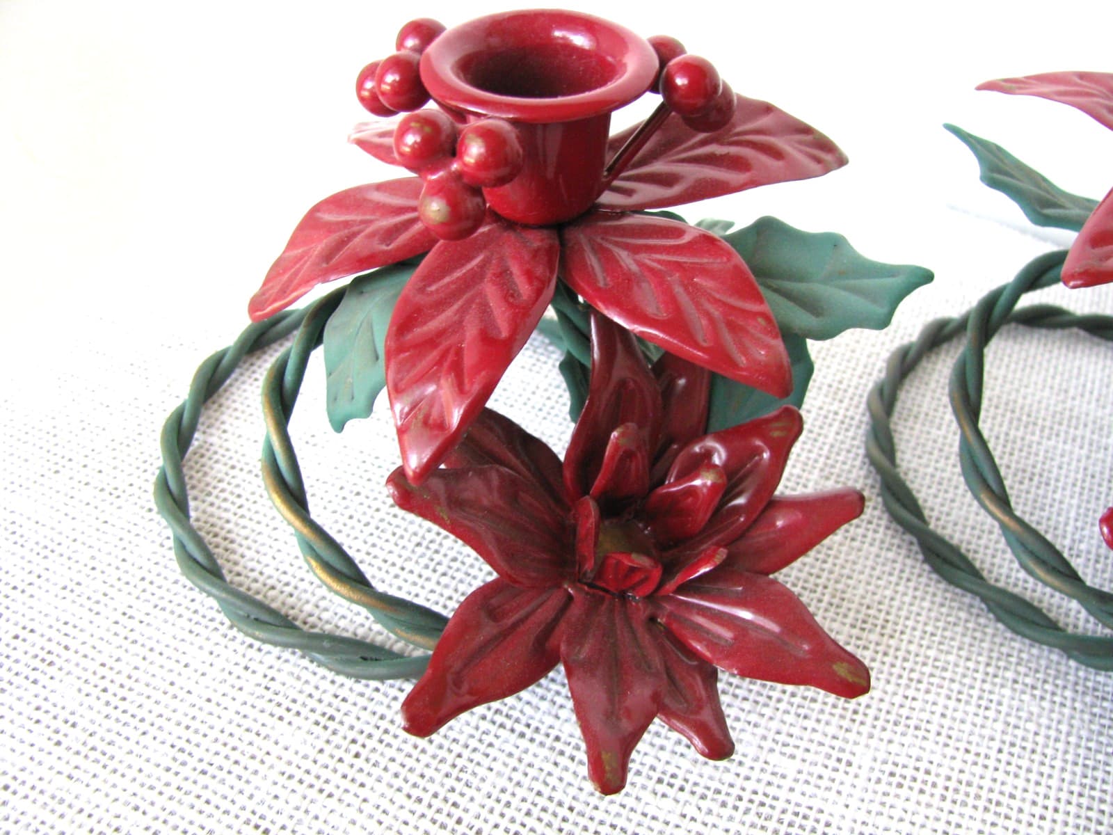 Set of 2 Cranberry Poinsettias Coiled Metal Taper Candle Holders Holly Leaves 2