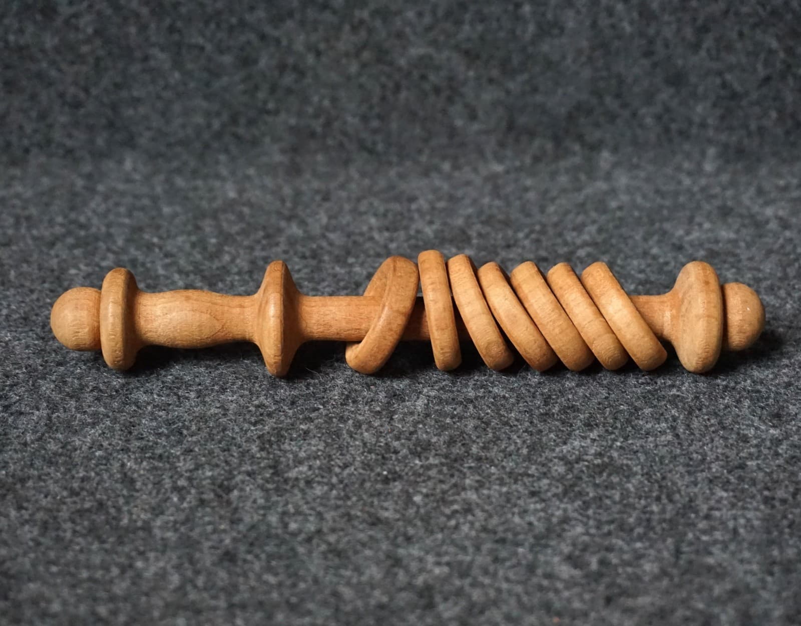 Turned Wood Baby Rattle with Teething Rings 6-3/8" Long Handmade Vintage *READ 3