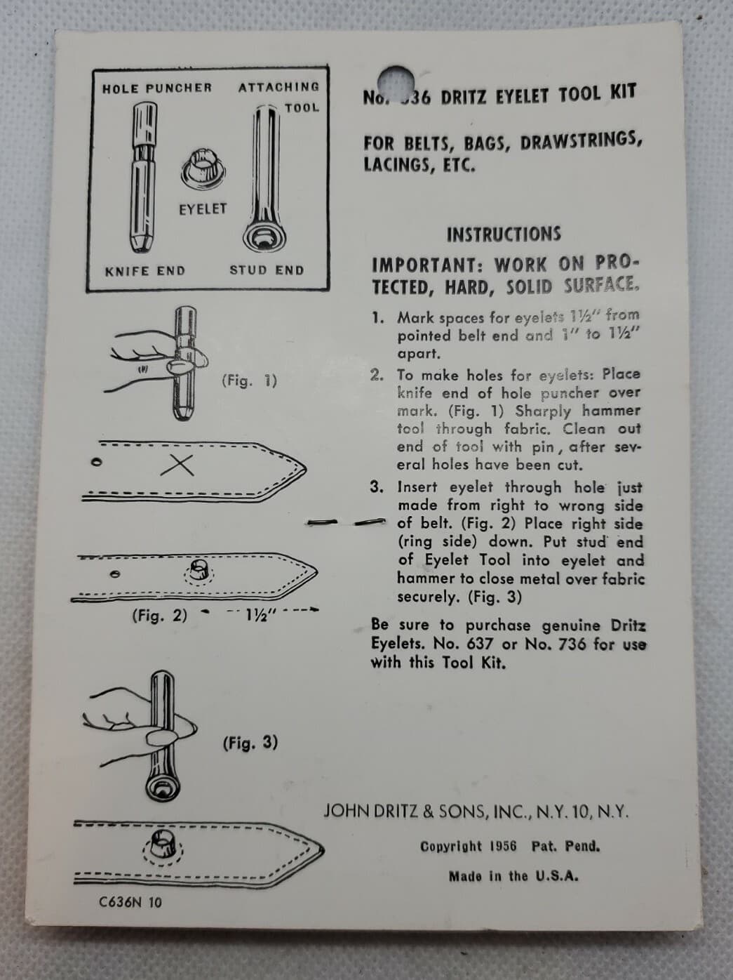 Vintage Dritz Eyelet Tool Kit with Hole Puncher & Attaching Tool USA 1956 636 2