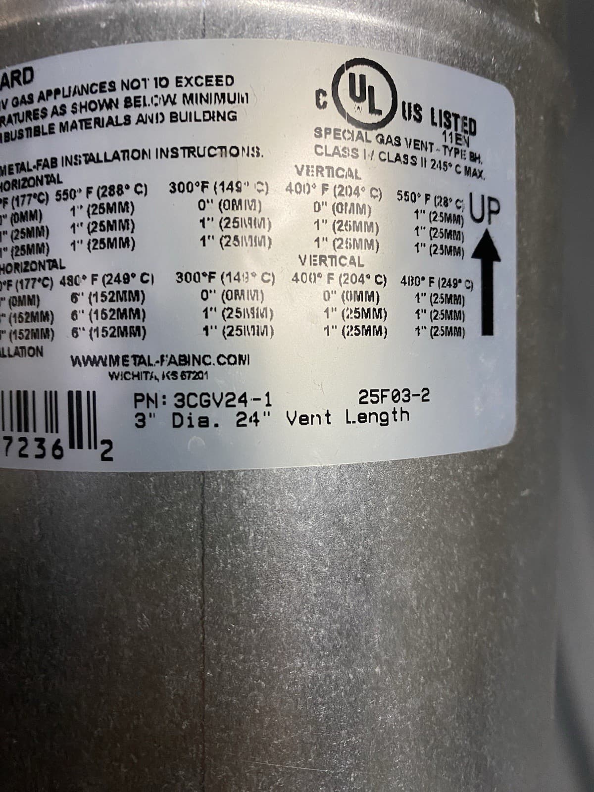Corr Guard 24” Double-Wall Metal Water Heater Gas Vent Pipe 3" Diameter 3CGV24-1 3