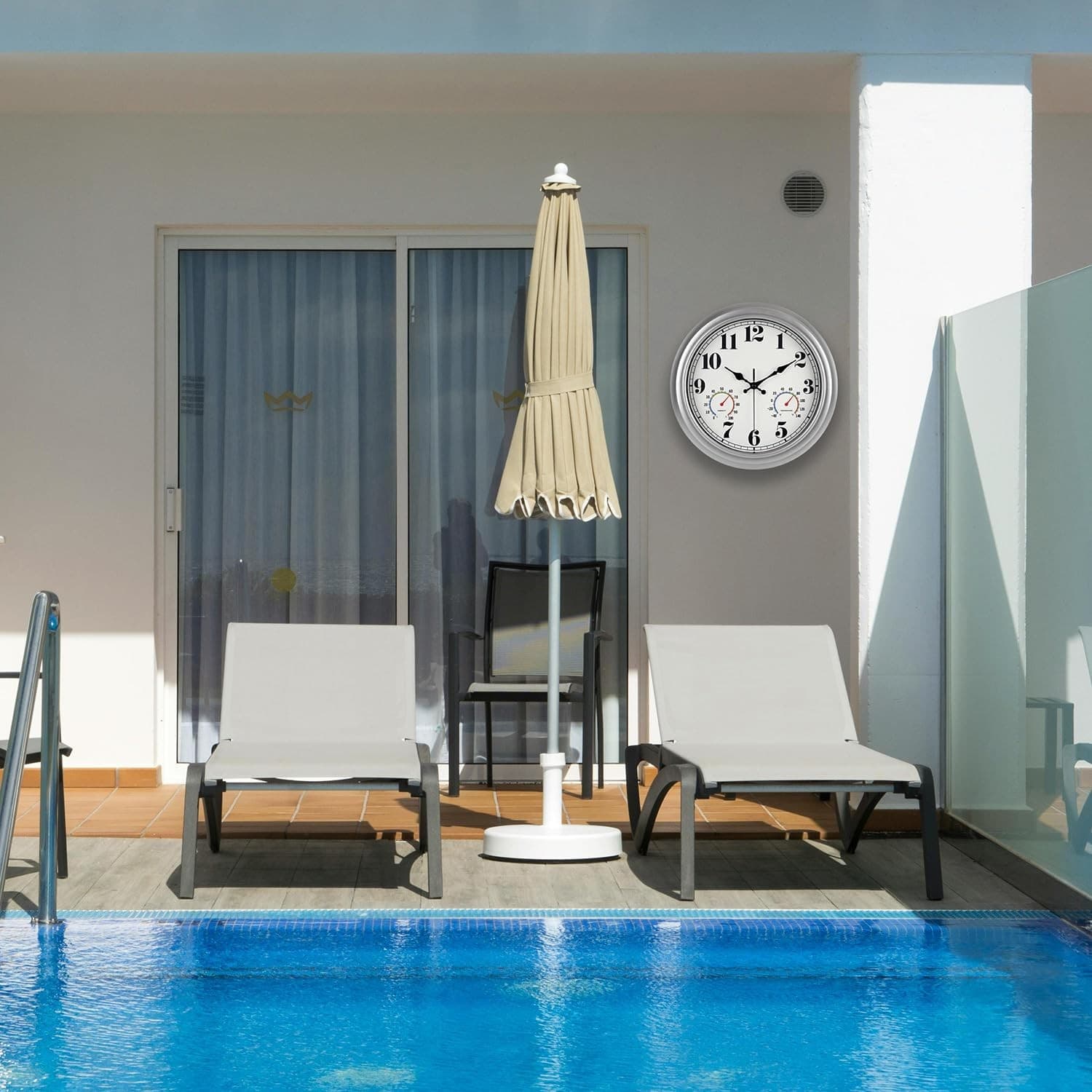 13 Inch Outdoor Clock, Waterproof and Silent, with Thermometer and 5