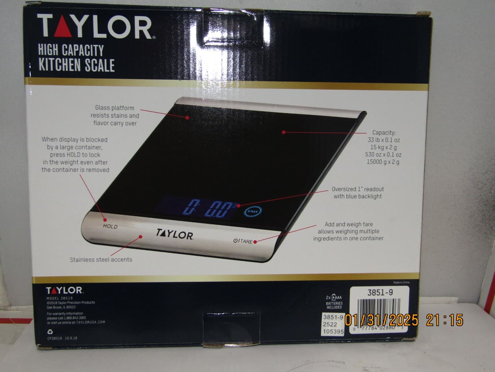 Taylor High-Capacity 33 lb Digital Kitchen Scale and Food Scale, With Batteries 2