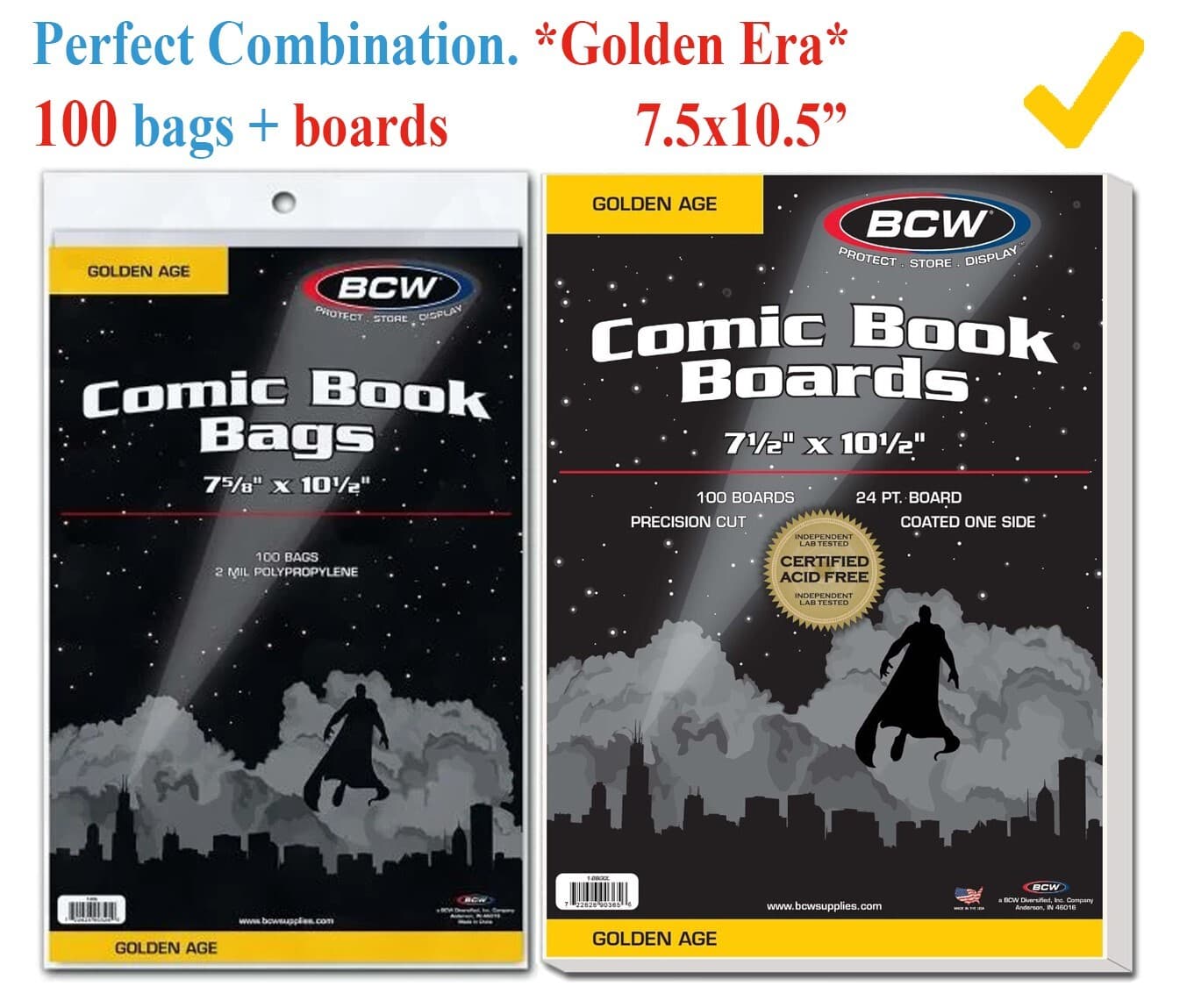 100 BCW Gold Age Golden Comic Bags 2 Mil Protection Sleeve + Back Boards Holders