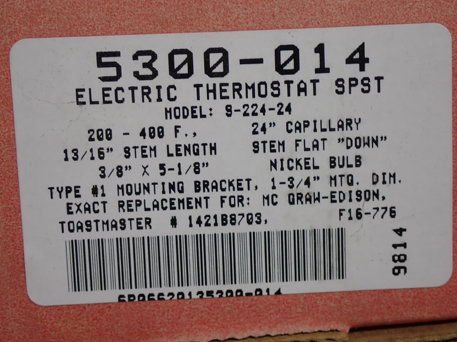 5300-014 ROBERTSHAW ELECTRIC THERMOSTAT SPST MODEL 9-224-24 6