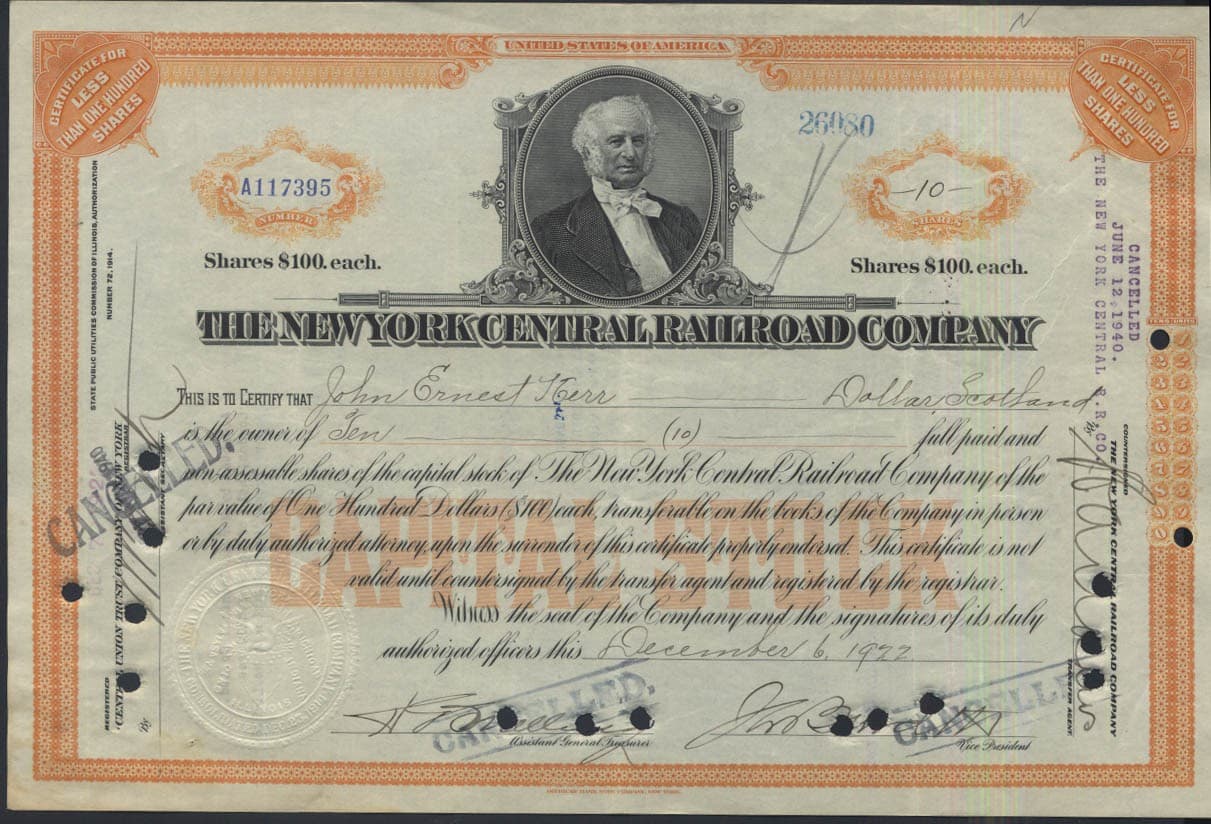 New York Central Railroad 10-share stock certificate 1922