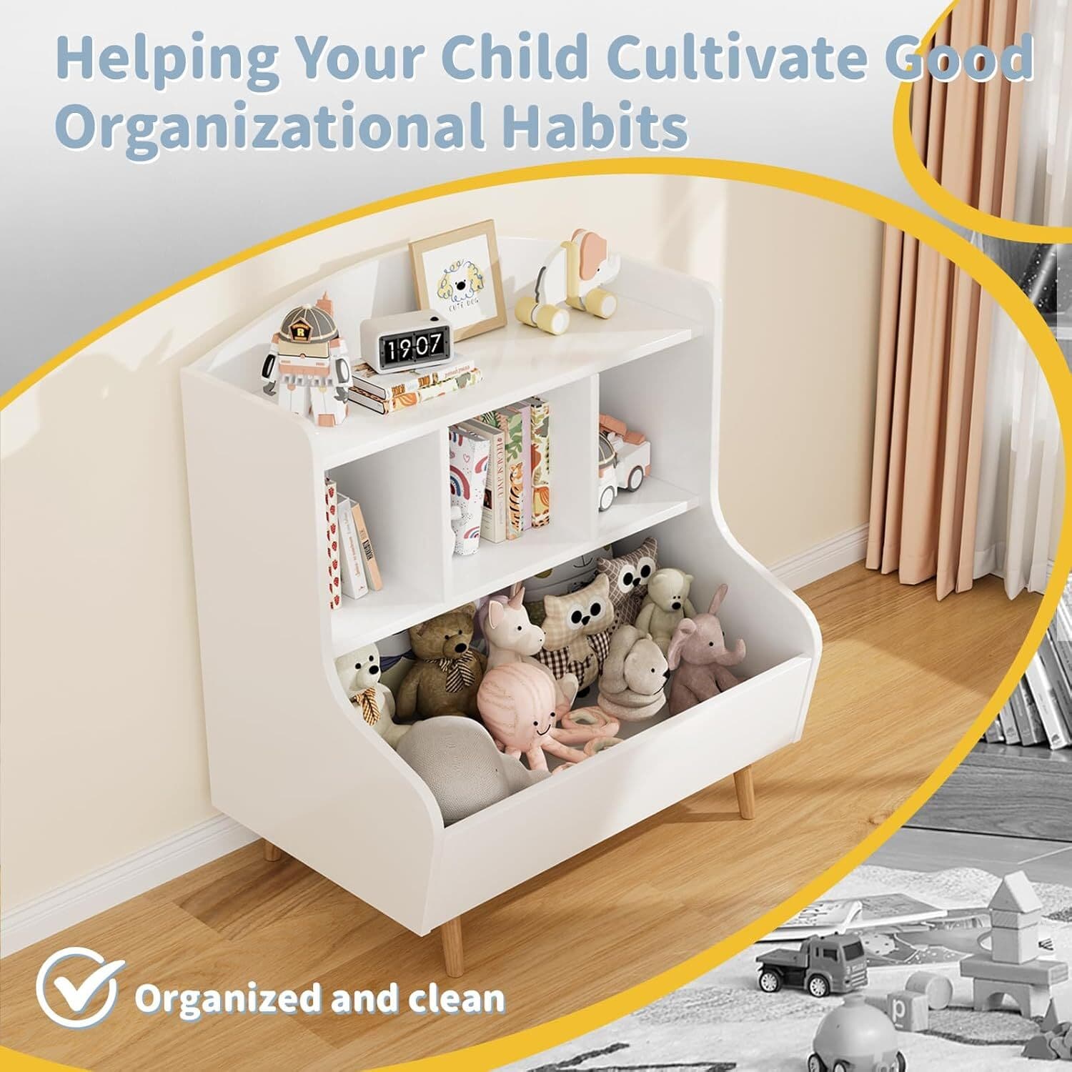 Kids Bookshelf, Toddler Toy Storage Organizer Wooden 4 Cubby Children Book Shelf 6