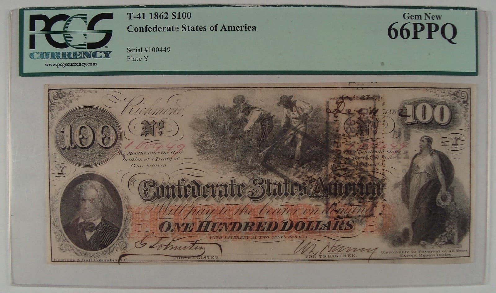 1862 CSA T-41 $100 Confederate States of America Note PCGS Gem New 66 PPQ