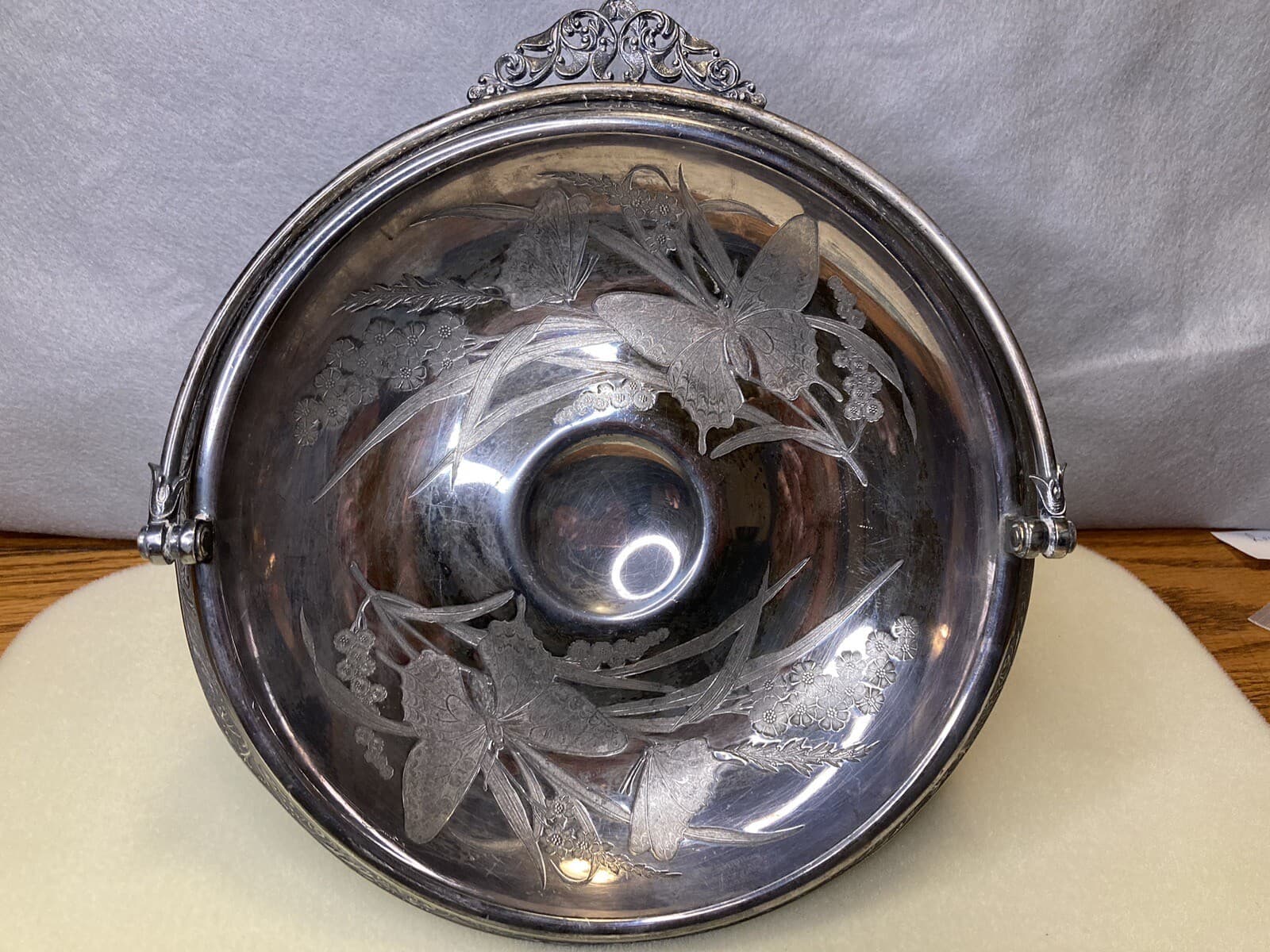Silver Plate Compote bowl botanical & butterflies Meriden, Conn.  9.5” x  5” H 3