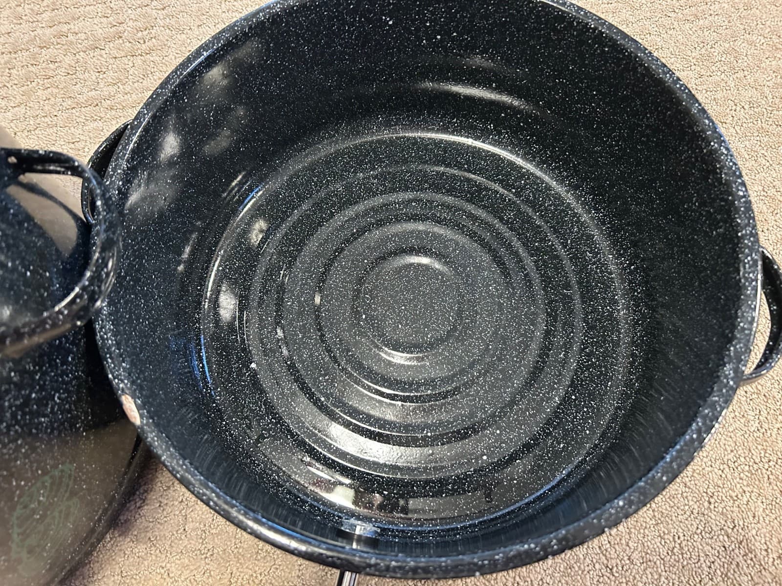 Vtg Black Speckled Enamel Double Steam Pot Clam Broth Lobster w/Spigot & Lid 4