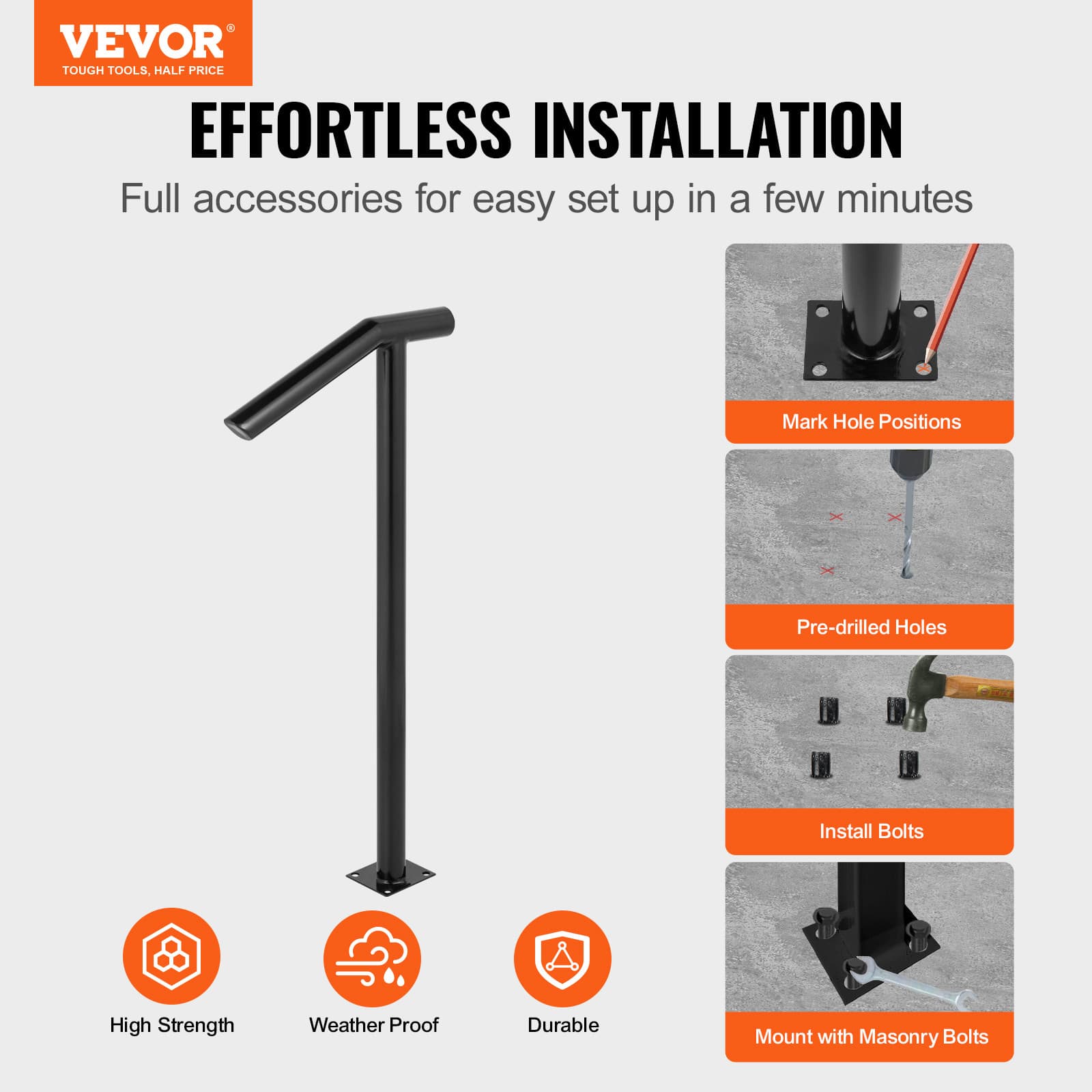 VEVOR 2-Step Handrail Single Post Handrail Round Metal Handrail for Stairs Matte 2