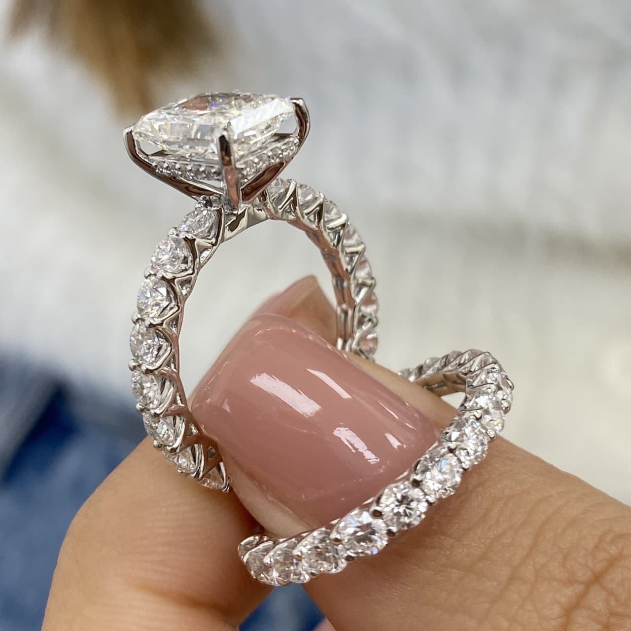 Diamond Ring Set Radiant VS1 F IGI Certified 5.8CT Labcreated 18K White Gold Set