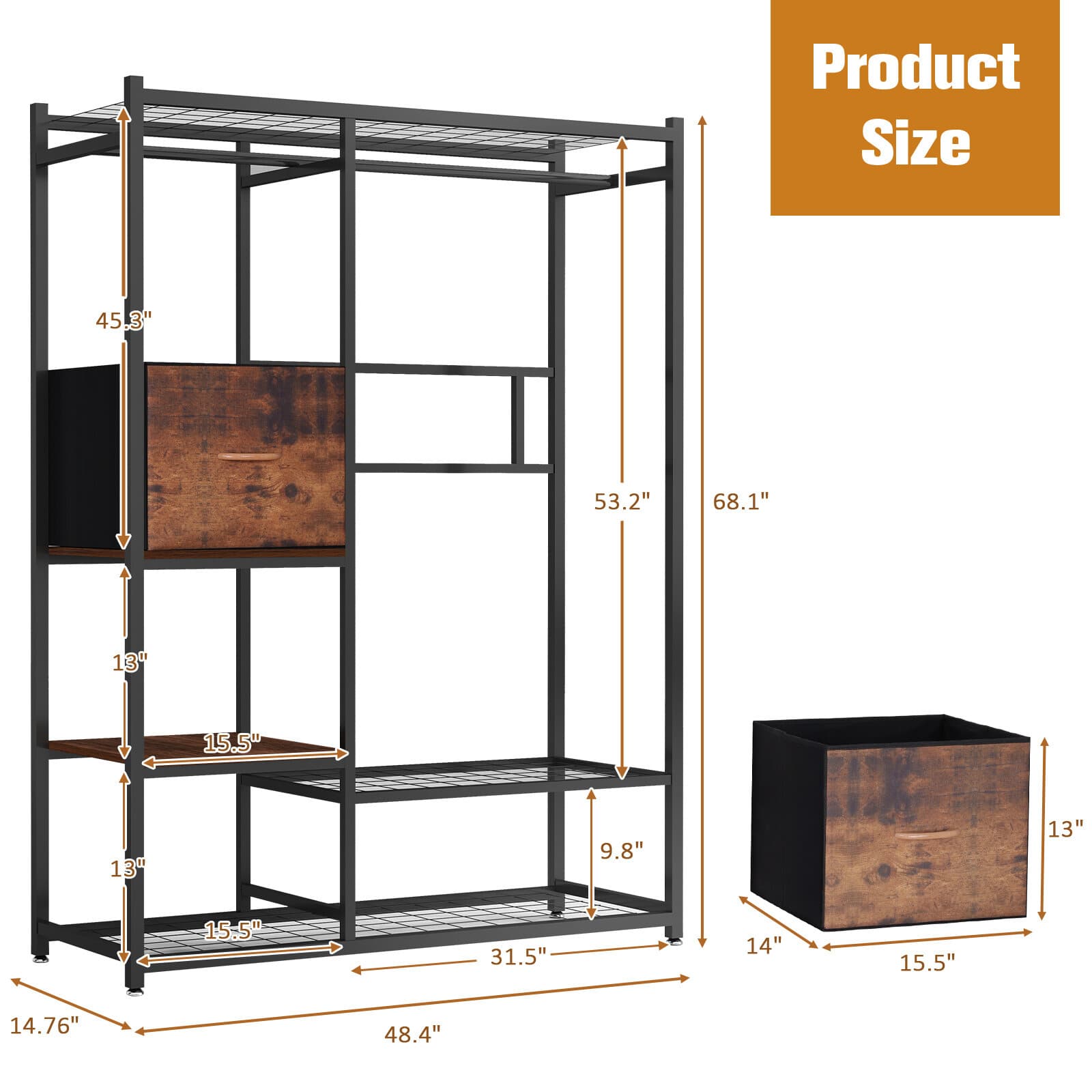 550LBS Iron Garment Rack w/ Hanging Rod Drawer Clothing Shelves Closet Organizer 6
