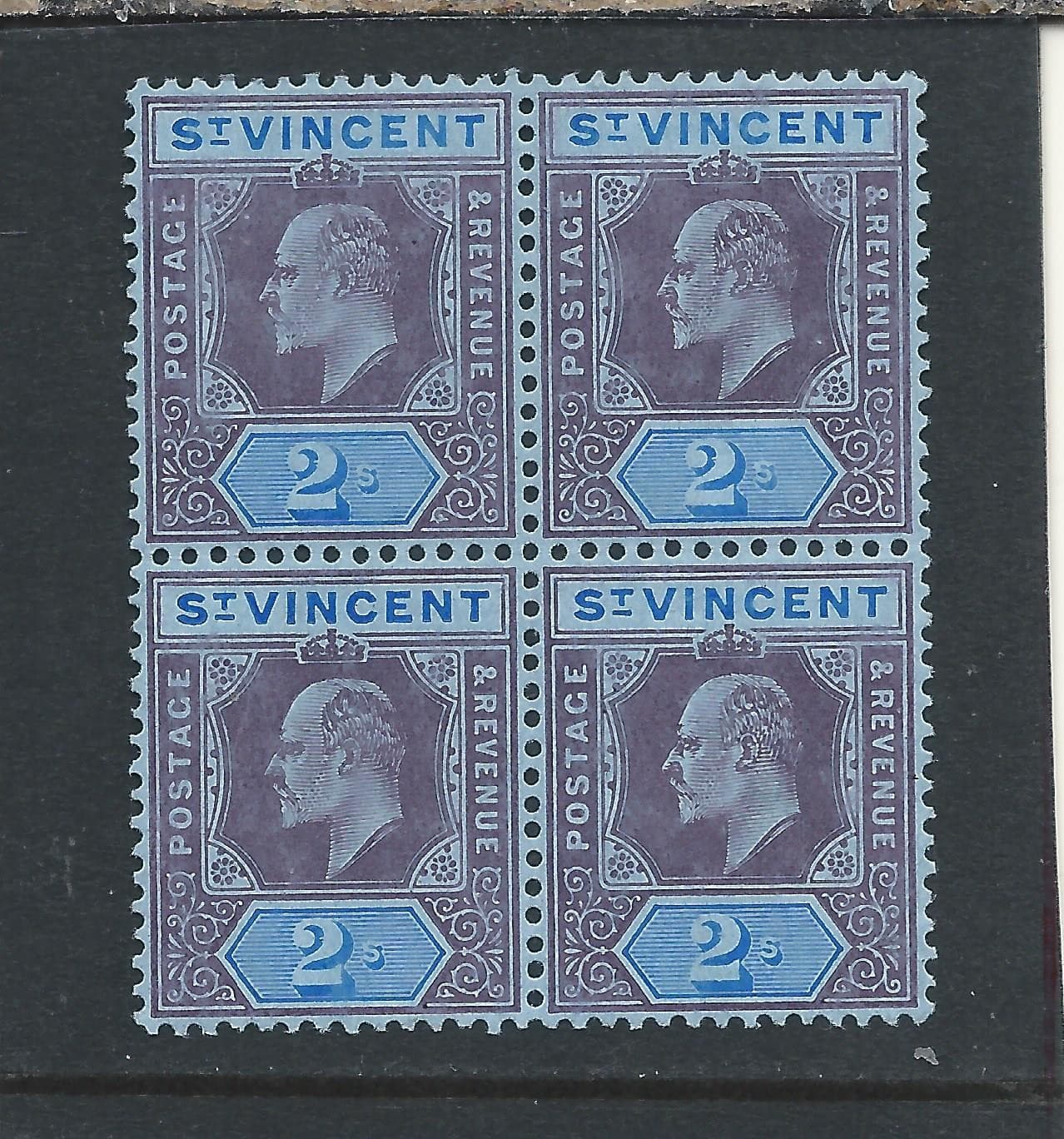 ST VINCENT 1904 2s PURPLE & BRIGHT BLUE/BLUE BLOCK OF FOUR 2 MNH SG 91 CAT £92+